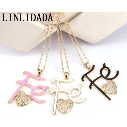 5Pcs High Quality Enamel FE Letter Necklace CZ Crystal Zircon Heart Pendants Necklaces chain Jewelry