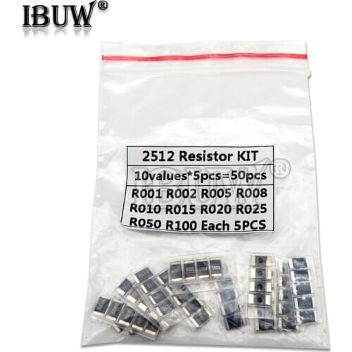 50PCS Alloy resistance 2512 SMD Resistor Samples kit 10 kinds*5PCS=50PCS R001 R002 R005 R008 R010 R015 R020 R025 R050 R100