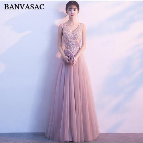 BANVASAC Sexy Deep V Neck Lace Flowers Appliques A Line Long Evening Dresses Elegant Tulle Backless Party Prom Gowns