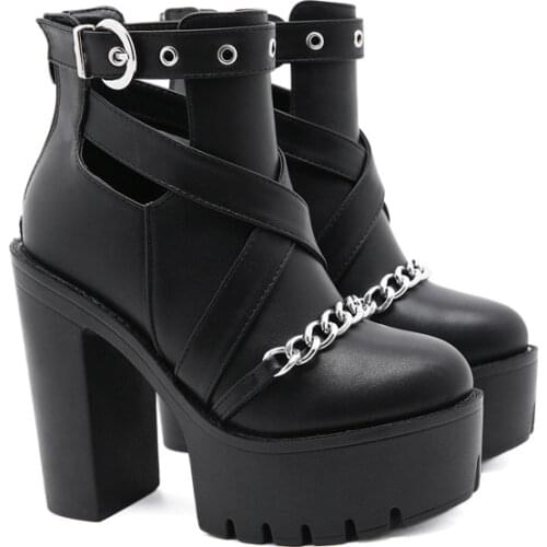 Hot New sexy Fashion Ankle Boots For Women High Heels Casual Cut-outs Buckle Round Toe Chain Thick Heels Platform Shoes Large42