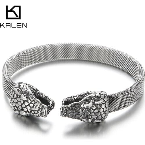 Kalen Punk Double Snake Head High Quality Stainless Steel Mens Animal Bangles Bracelet Mechanical Wristband Jewelry