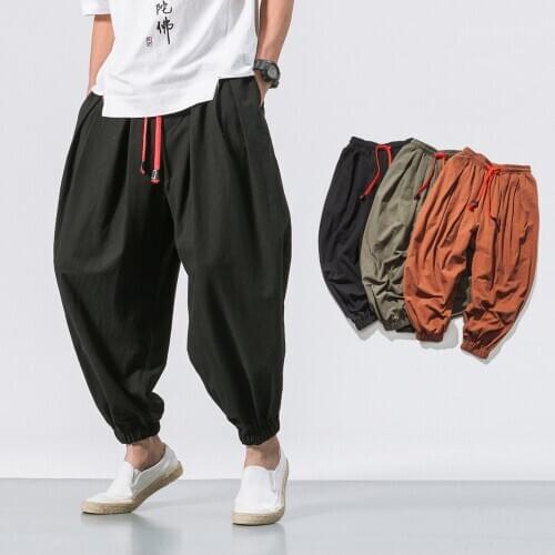 Chinese Style Plus Size Casual Loose Trousers Men Cotton Linen Harem Pants Autumu Harajuku Solid Color Pants Streetwear