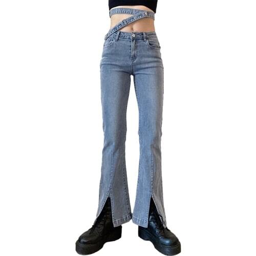 Jeans Summer Fashion Low Waist Pocket Split Denim Flare Pants Womens Casual Solid Color Buttons Lace-up Jeans