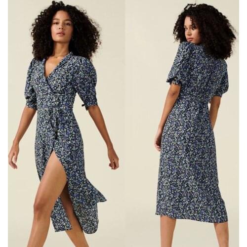 2021Summer European and American womens clothing NewVCollar floral long dress