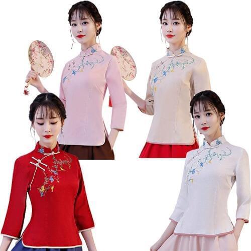 Shanghai Story Long Sleeve cheongsam top Flower Embroidery Linen Blouse top Traditional chinese tops 4 Color