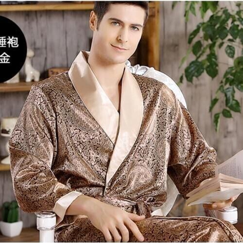 Men Home Clothes Nightgown Summer Satin Kimono Gown Casual Sleepwear Plus Size 3XL 4XL 5XL Print Gold Home Dressing Robe