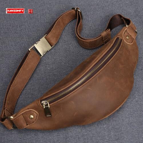 Crazy Horse Leather Mens Bag First Layer Cowhide Chest Bag Men Small waist packs Leisure Retro Fashion Leather Phone Belt Bags