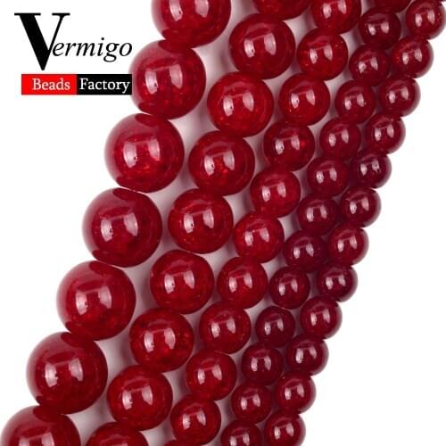 Natural Mineral Stone Dark Red Snow Cracked Crystal Beads 6 8 10 12mm Round Spacer Beads For Jewelry Making Diy Bracelets 15