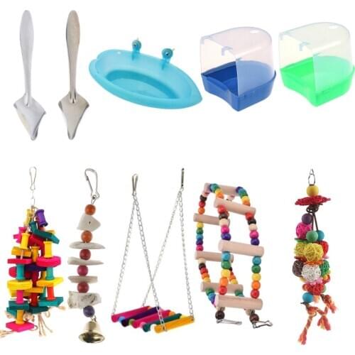 Natural Wooden Parrots Swing Toy Birds Perch Hanging Swings Cage With Colorful Beads Bells Toys Bird Supplies Bird Bath Toy