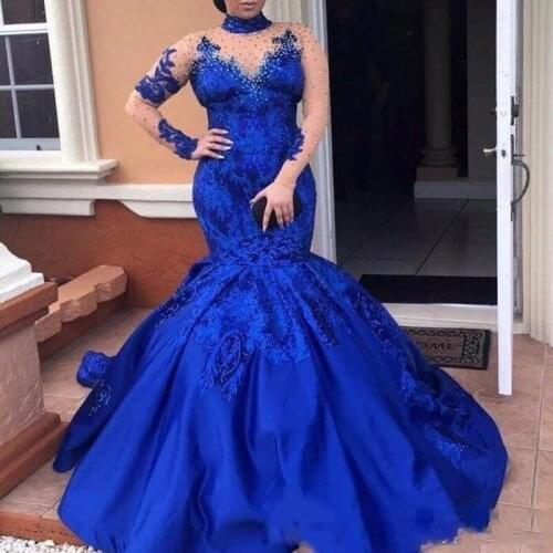 Abiye Royal Blue Evening Dresses sheer High Neck Long Sleeves beaded Lace Appliques Evening prom Gowns Plus Size Satin Mermaid