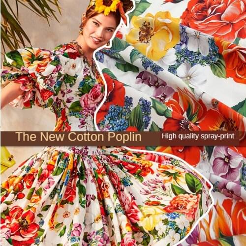Pure Cotton Poplin Digital Spray / Painting Floral Printed Fabric Spring and Summer Fashion Show Custom