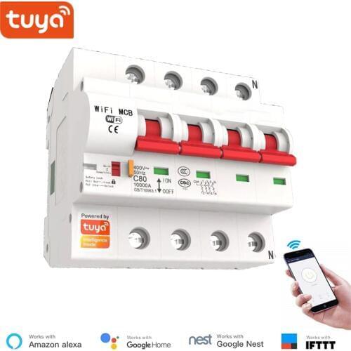 Tuya Smart APP 4P 16A-125A Remote Control Wifi Circuit Breaker /Smart Switch /Automatic Recloser Support Alexa Google Home IFTTT