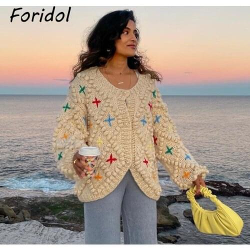 Foridol Thick Winter Knitted Cardigan Sweater Women Oversized Star Crochet Pompom Button Up Vintage Loose Cardigan Top