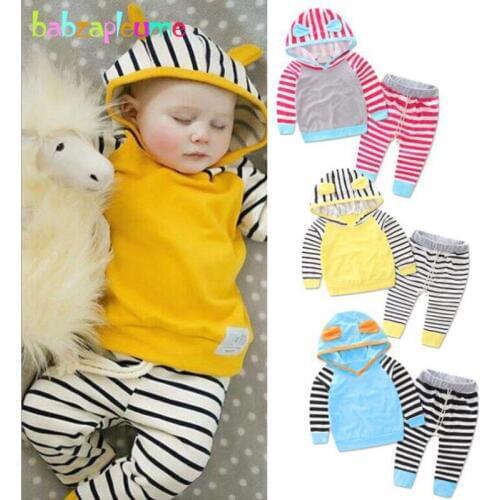2Piece Spring Baby Boys Girls Outfits Casual Cotton Hooded T-shirt+Stripe Pants Kids Clothes For Newborn Clothing Sets BC1821-1