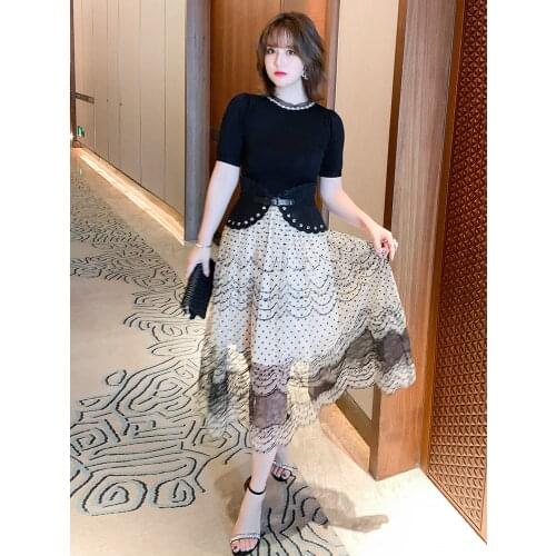 High quality Design of bud silk waist wide sealing spell gauze wave point new women skirts in summer