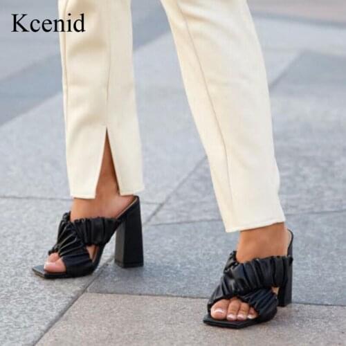 Kcenid Black White New Women Slipper Summer Outdoor Sandals Square High Heel Fashion Pleated Slip On Elegant Women Slides Shoes