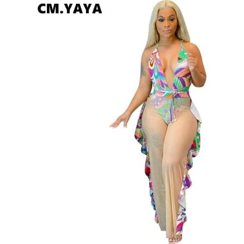 CM.YAYA Women Set Print Sleeveless Halter Bodysuit Mesh Edible Tree Fungus Loose Long Pants 2 Piece Sets Sexy Streetwear Summer