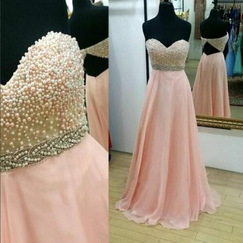 A-Line Long Beaded Pink Prom Dresses with Pockets Floor Length Chiffon V-Neck Abendkleid Robes de Soirée for Women