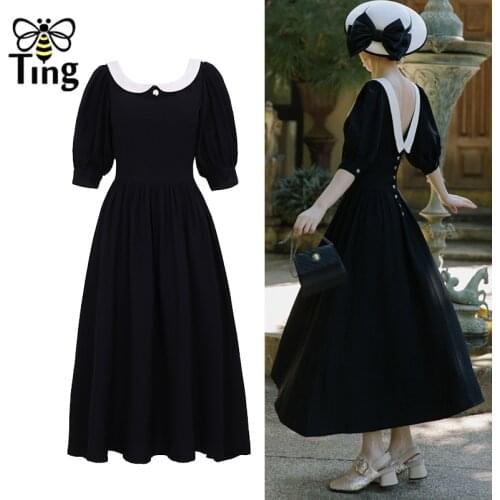 Tingfly Vintage Elegant Black A Line Casual Summer Street Boho Dress Retro Solf Girl Open Back Dress Vestidos Elbise Gothic
