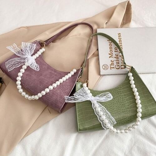 2021 Spring Handbags For Women Casual Pu Leather Shoulder Bag Pearl Solid Color Crossbody Bag Bowknot Female Baguette Bag