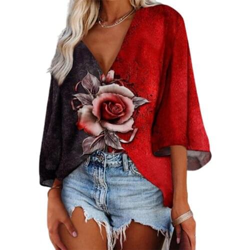 Blusas Plus Size Women Blouse Contrast Color Rose Print Summer 3/4 Sleeve V Neck Pullover Shirt Elegant Office Ladies Blouses