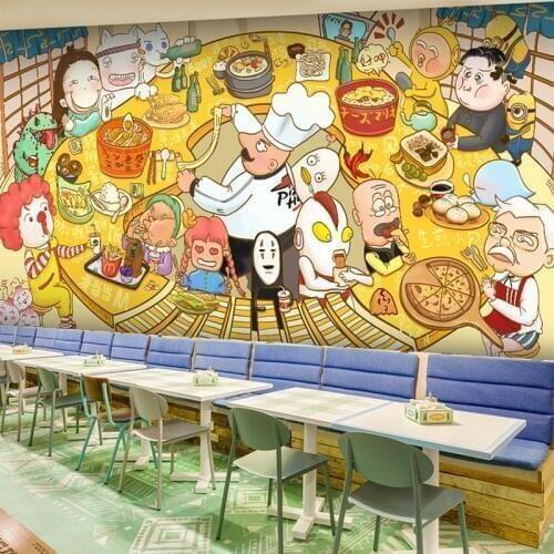 Photo wallpaper Hand-painted cartoon characters graffiti mural wallpaper food store restaurant tea snack wallpaper