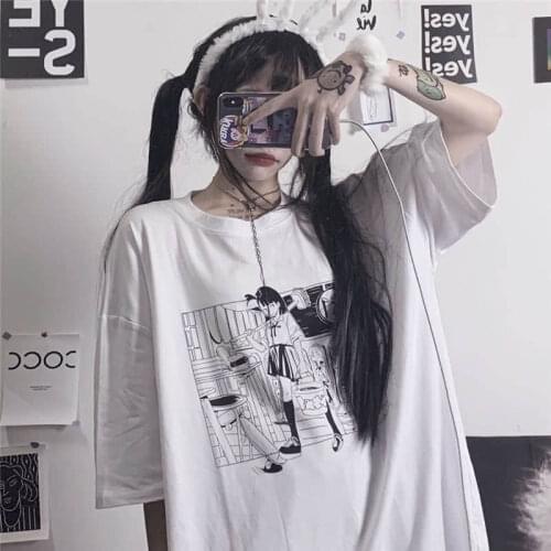 Girls purple T-shirt summer new Harajuku bf printing short-sleeved tshirt female student Korean loose funeral top Japanese comic