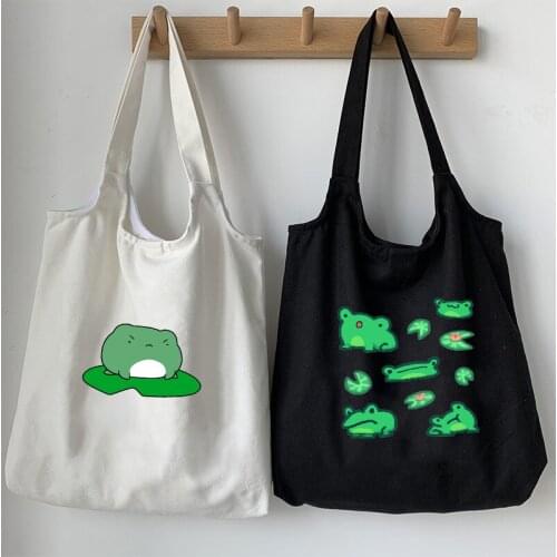 Cotton Linen Women Canvas Shoulder Bags Eco Friendly Shopping Bag Large Capacity Harajuku Vintage Handbag Tote Frog Print Bags