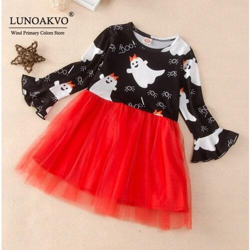 Lunoakvo Kids Dresses for Girls Halloween Ghost Printed TUTU Dress Kids Clothes Girls for Party Mesh Ball Gown Flare Sleeve