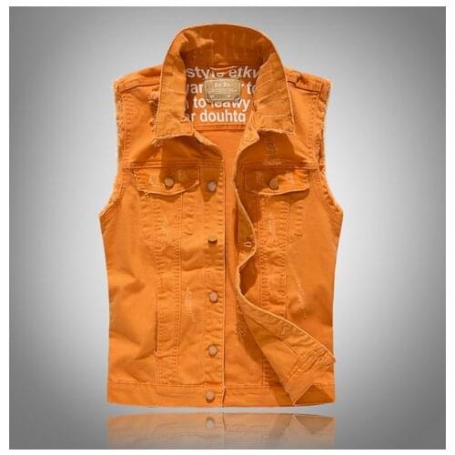 Orange Denim Vest Coat Men Distressed Solid Color Casual Vintage Sleeveless Turn-down Collar Pockets Jackets Male Fashion