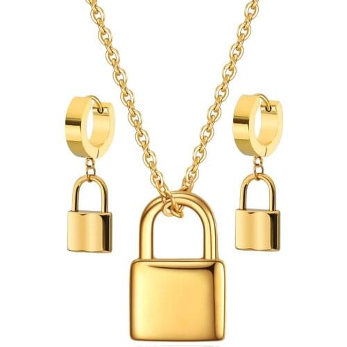 Small Lock Head Necklace and Earrings Set, Non-fading Ladies Jewelry Set Wholesale 316L Stainless Steel Silver Fashion Party