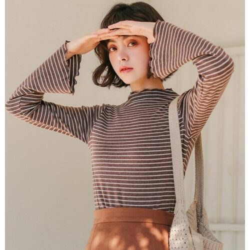 2019 New Autumn Winter Women Basic T-shirt Korean Chic Wave Edge Long Sleeve Stripe T Shirt Female Casual All-match Slim Tees
