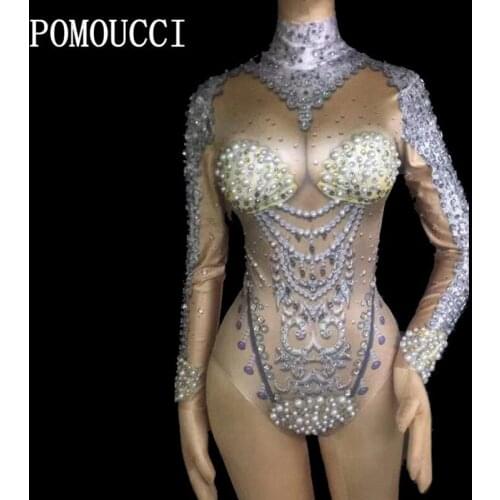 Women New 3D Printing Pearls Sexy Bodysuit Nude Stretch Outfit Celebrate Glisten Leotard Rhinestones Costume Singer Sexy Wear