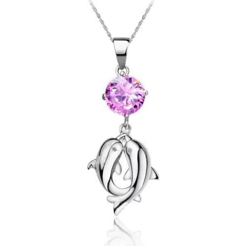 Wholesale Pure 925 Sterling Silver Charms Double Dolphin Playing Basketball Cubic Zircon Animal Pendant Necklaces Jewelry