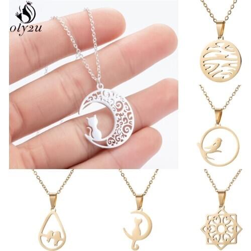 Collier homme Stainless Steel Heartbeat Necklace Women Cute Cat Moon Wave Necklaces & Pendants Hip Hop Jewelry Gifts