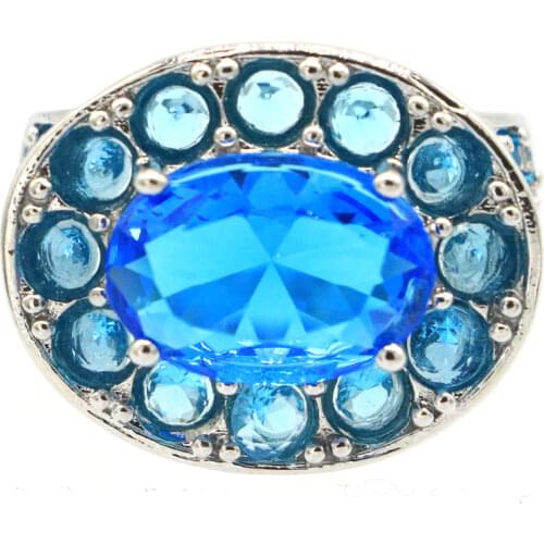16x15mm SheCrown Romantic Created Blue Aquamarine CZ For Women European Style Silver Rings