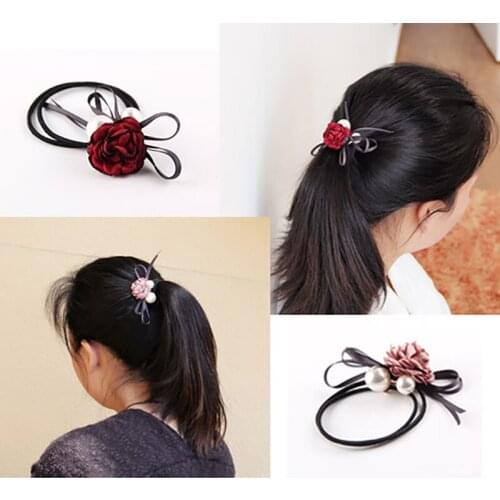 Vintage Women Silk Peony Flower Ribbon Bows Girls Headbands Ponytail Scrunchies Elastic Hair Bands Rubber Ropes Hair Accessory
