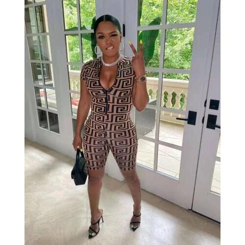 2021 Ladies Casual Fashion Ladies Street Sexy Nightclub Print Zipper Short Sleeve Shorts Jumpsuit