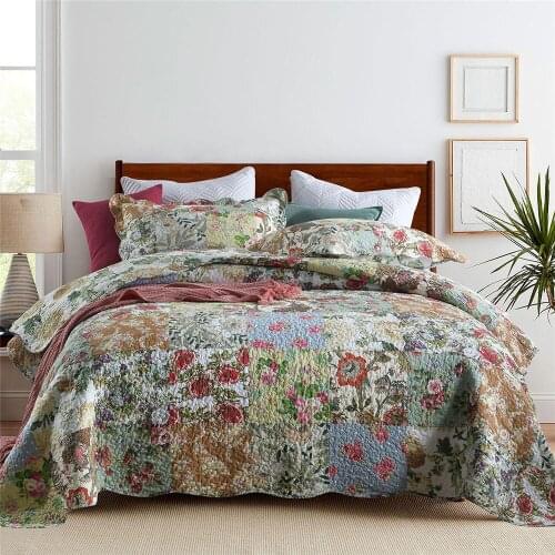 Bedspreads Quilt Set 3pcs Cotton Quilts Floral Patchwork Coverlet Quilted Bed Cover Pillowcase King Queen Size Blanket