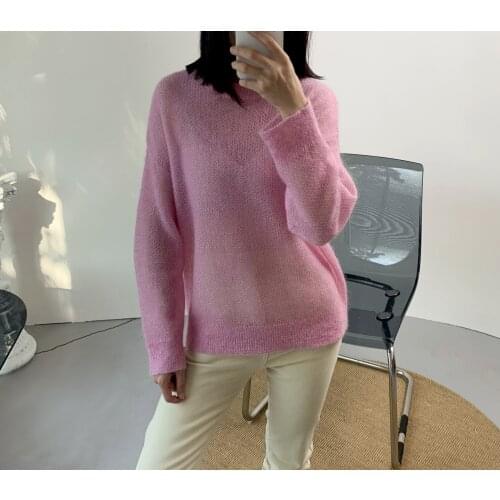 Women Sweater 2021 Autumn Mohair Hollow Knit Sweater Round Neck Pullover Loose Sweater
