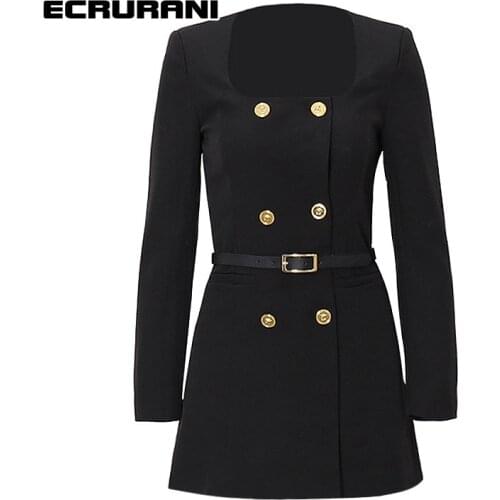 ECRURANI Black Elegant Dress For Women Square Collar Long Sleeve High Waist Slimming Double Breasted Dresses Females 2021 Summer