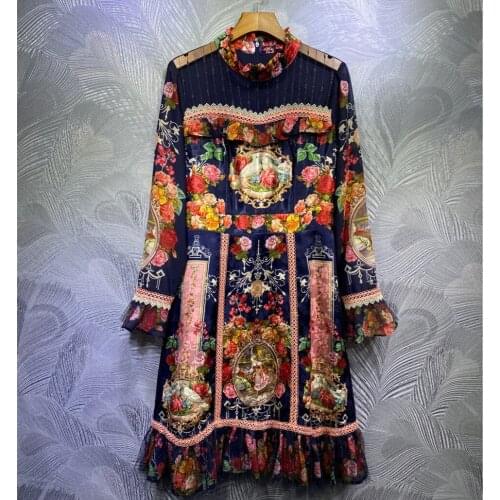 2021 Spring Summer runways floral print women stand collar dress High quality elegant long sleeves dress C800