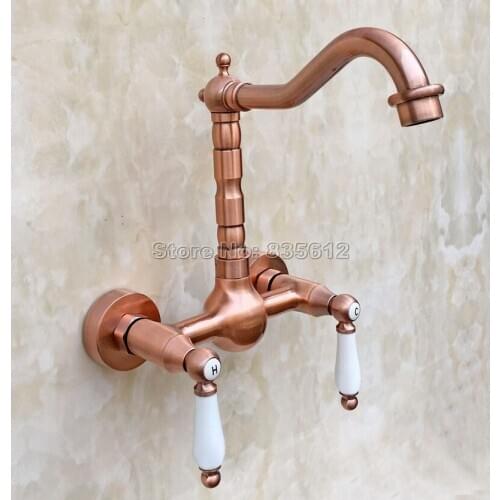 Antique Red Copper Bathroom Basin Swivel Spout Faucet Wall Mounted Dual Ceramic Handles Vessel Sink Mixer Taps Wrg034