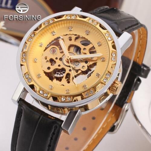 Fashion FORSININ Black Top Brand Luxury Gold Retro Luminous Hands Diamond Display Mens Mechanical Skeleton Leather Wrist Watches