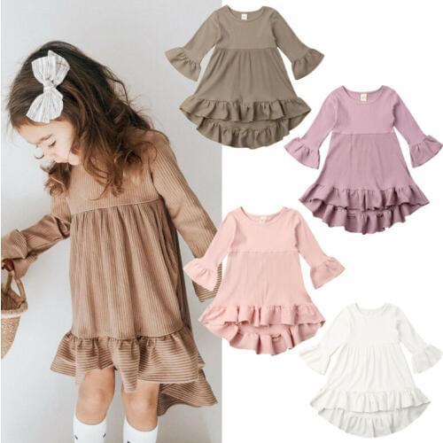 6M-4Y Toddler Kids Baby Girl Flare Long Sleeve Solid Color Ruffles Autumn Dress Clothes