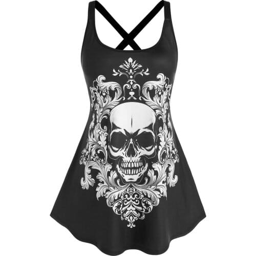 ROSEGAL Gothic Black Tank Top Women Plus Size Skull Leaf Pattern Tunic Tank Top U Neck Casual Sleeveless Long Tops Streetwear