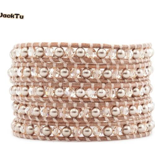 Jtjacktu wholesale gifts pink stone heart button cord 5 wrap bracelet