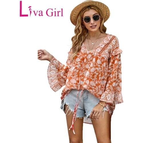 LIVA GIRL Woman Casual Orange Boho Print Free Flowing Tunic Plus Size Ruffles Long Sleeve Shirts Tops Female V-Neck Loose Blouse