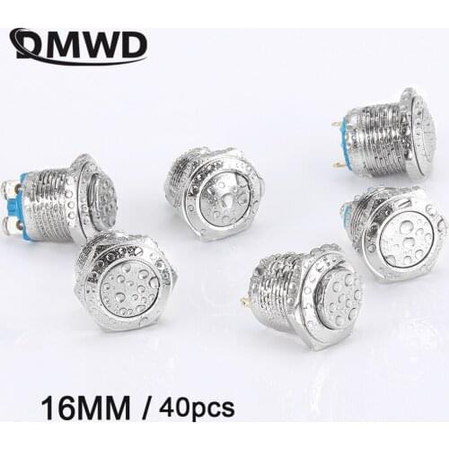 40pcs/lot16mm Metal Push Button Switch Waterproof Nickel Plated Brass Press Button Selfreset 1NO High Flat Domed Round Momentary