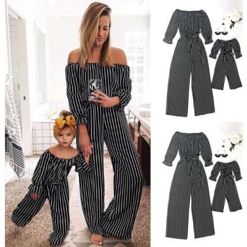 Fashion Striped Family Matching Clothes Mom and Daughter Clothes Mom and Me Romper Women Baby Girls Casual Jumpsuit Outfits